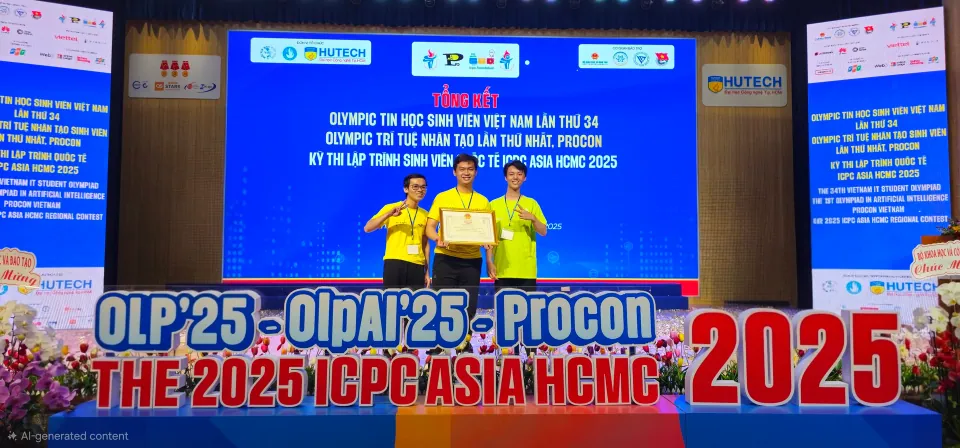 The team in yellow shirts with an award certificate on stage at OLP 2025 at HUTECH.