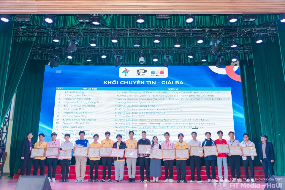 Contestants receiving Third Prize in the specialized division on stage, with the FIT Media – HaUI watermark.
